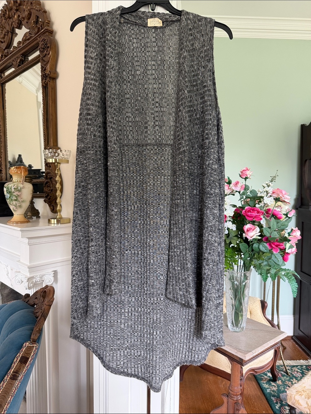 Cozy Knit Open-Front Women's Gray Sweater Vest duster , size XL